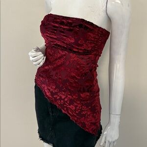 Urban Outfitters Burgundy Floral Cut Velvet Strapless Asymmetrical Tube Top